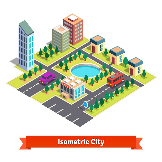 Free Vector isometric city with skyscrapers and transportation