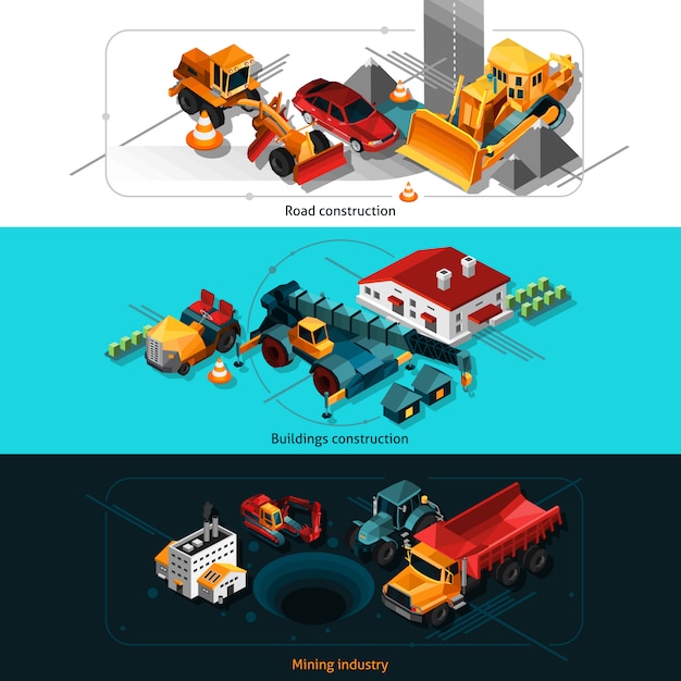 Free Vector isometric construction machines banners