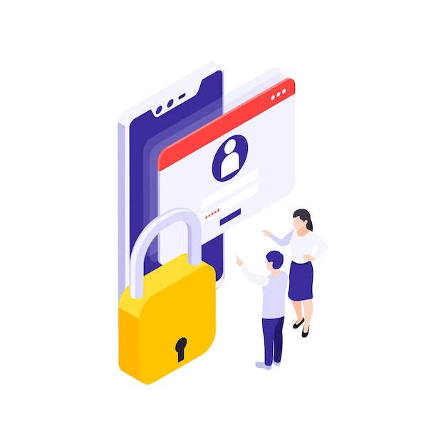 Free Vector isometric data protection concept with parent child login window lock 3d