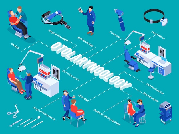 Free Vector isometric doctor ent flowchart with editable text captions lines and isolated images of otolaryngology medical specialists