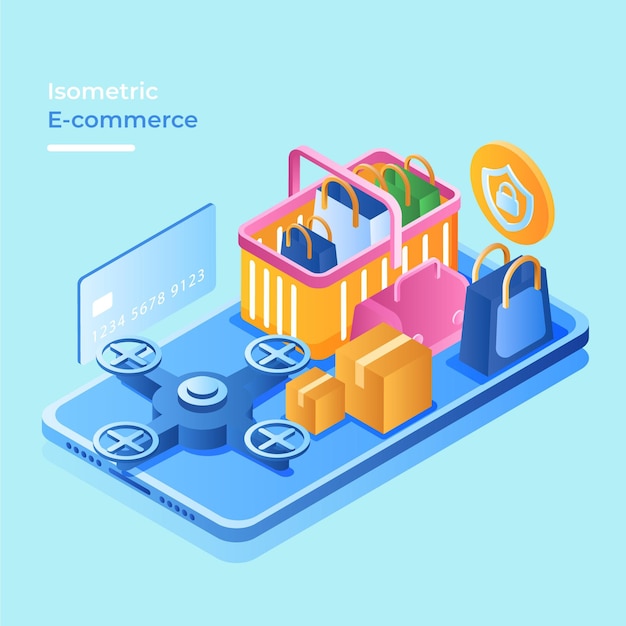 Free vector isometric e-commerce concept with online shop