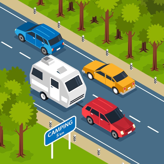 Free vector isometric family trip square composition with outdoor scenery and motorway route with camper van and cars illustration