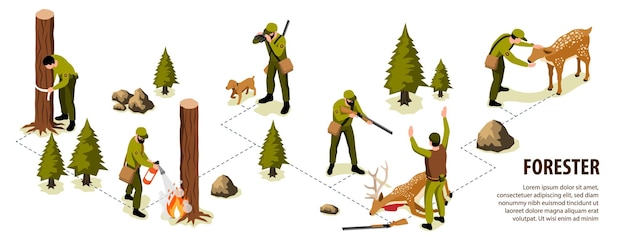 Free Vector isometric forester and forest ranger infographics with tree and animals protecting vector illustration