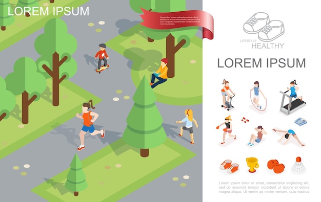 Free Vector isometric healthy lifestyle template with running and reading girls boy riding skateboard in city park sport equipment and women in gym  illustration