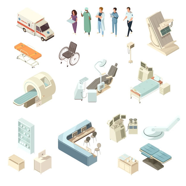 Free vector isometric hospital icons set