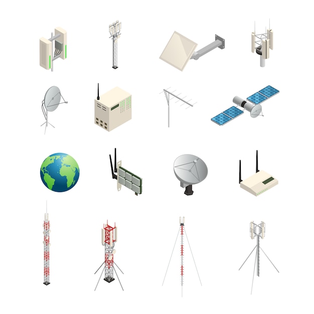 Free Vector isometric icons set of wireless communication equipments like towers satellite antennas router and o