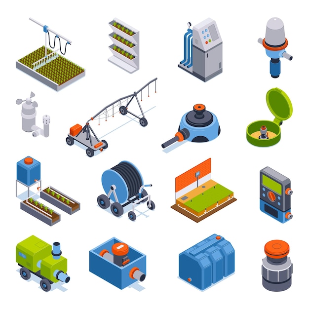 Free Vector isometric irrigation systems set with isolated icons of agricultural machinery with tanks motors and water pipes vector illustration