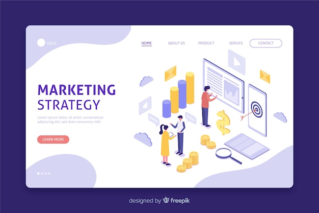 Free vector isometric landing page for marketing strategy