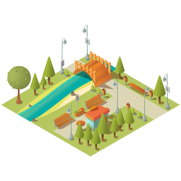 Free Vector isometric landscape of city green park with fast food kiosk