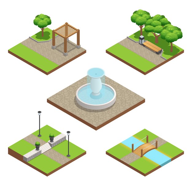 Isometric landscaping composition set with plants and wood and stone decoration elements 