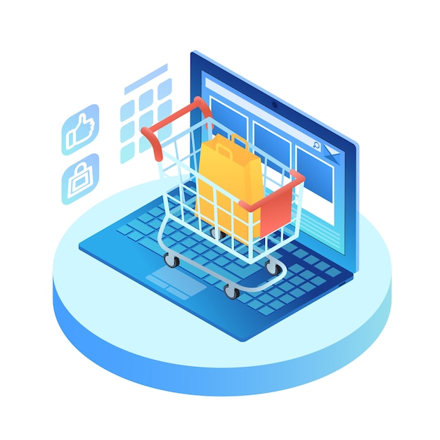 Free Vector isometric laptop with shopping cart on keypad