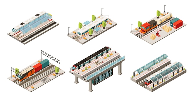 Free vector isometric modern railway transport collection with locomotive freight and passenger trains isolated