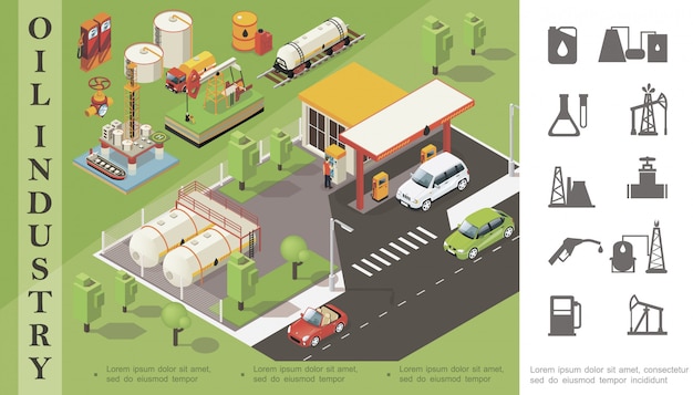 Free Vector isometric oil industry composition with gas station tanker railway cistern barrel canister derrick drilling rig truck pipeline valve and monochrome petroleum icons