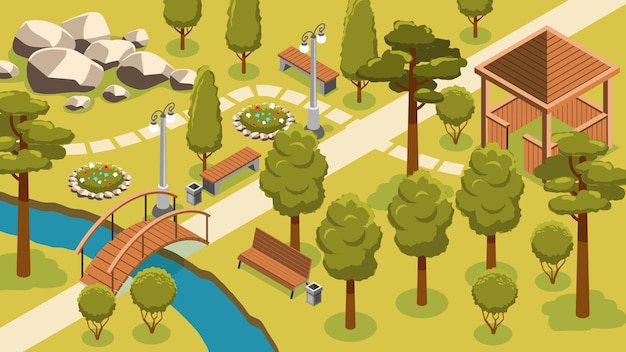 Free Vector isometric park landscape composition with view of modern city park scenery with summerhouse bridge and benches vector illustration