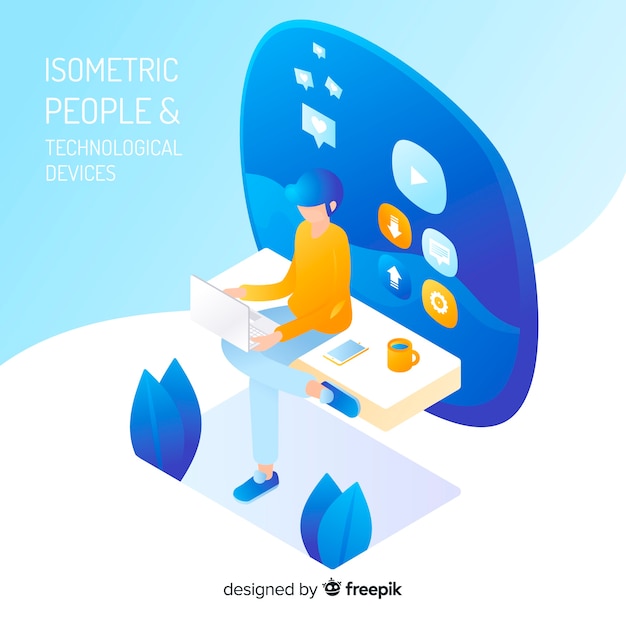 Free vector isometric people using technological devices background