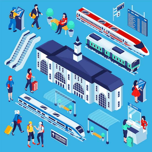 Free Vector isometric railway station set of isolated railroad complex illustration