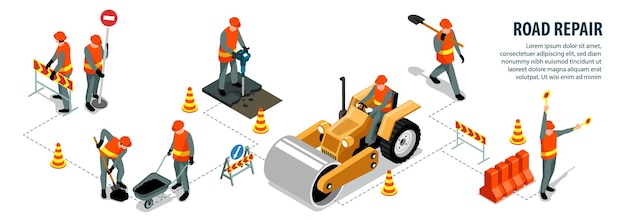 Free Vector isometric road repair infographics