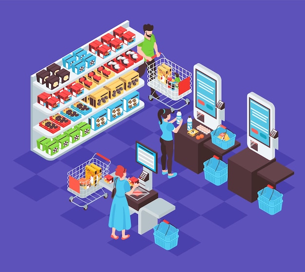 Free vector isometric self service composition with isolated view of supermarket shelves and self checkout lane with terminals vector illustration