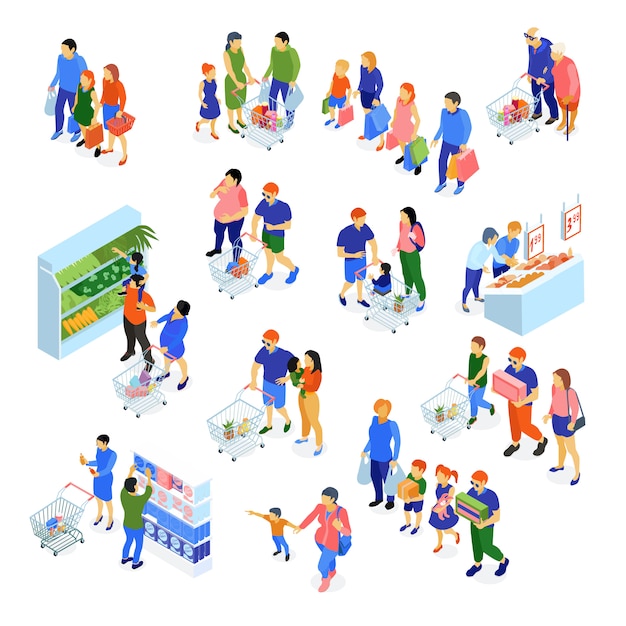 Free Vector isometric set of families doing shopping in supermarket