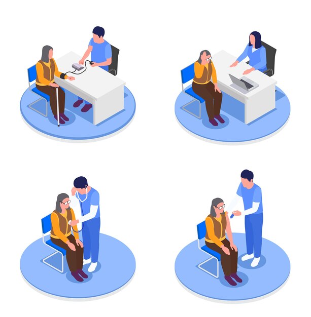 Isometric set of grandmothers in doctors offices receiving health advice illustration