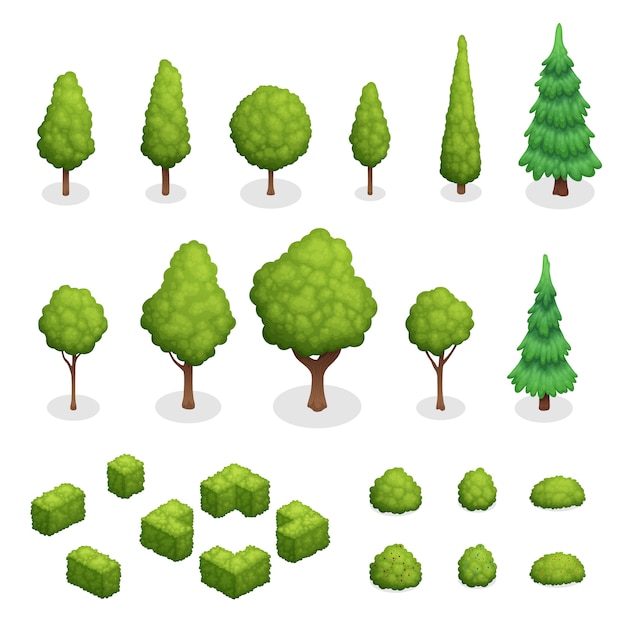 Free vector isometric set of park plants with green trees and bushes of various shapes isolated vector illustration