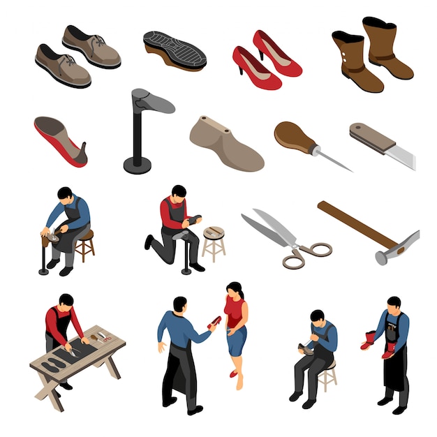 Free Vector isometric shoemaker set with various models of shoes for men and women with human characters