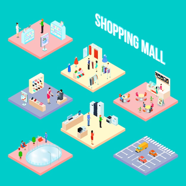 Free Vector isometric shopping mall set object with some samples of shop interior elements vector illustration