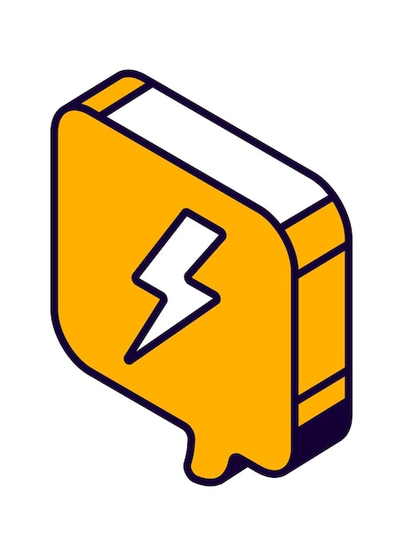 Isometric speech bubble with lightning sign, thunderbolt, danger symbol isolated vector icon