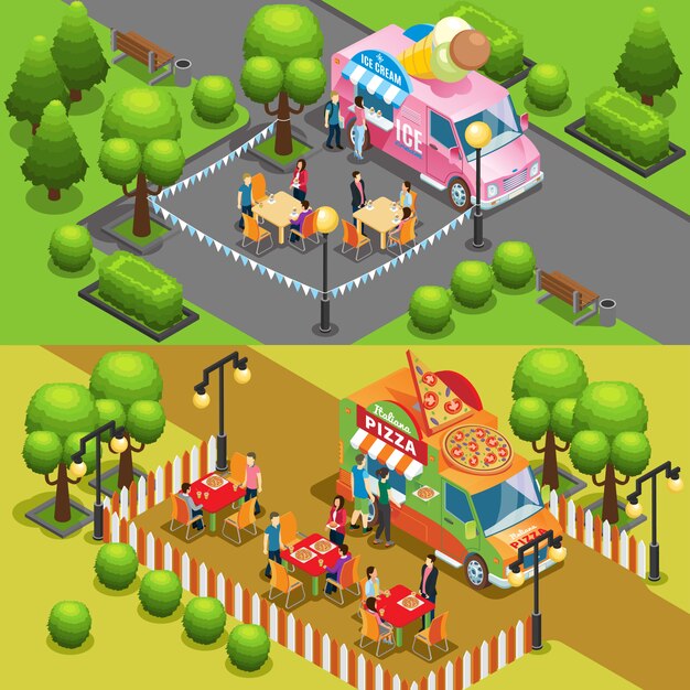 Isometric Street Food Horizontal Banners