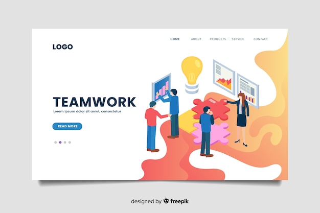 Free vector isometric teamwork landing page template