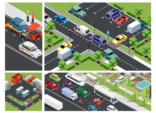 Free vector isometric urban traffic composition with cars moving on road parking building gas station and roadside assistance
