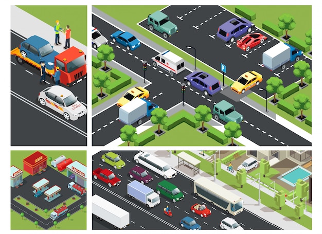 Free Vector isometric urban traffic composition with cars moving on road parking building gas station and roadside assistance