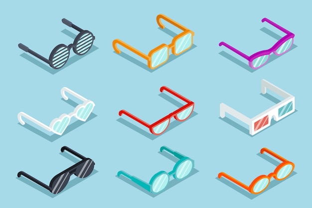 Isometric vector glasses set. Sunglass and lens, object optical, eyeglass