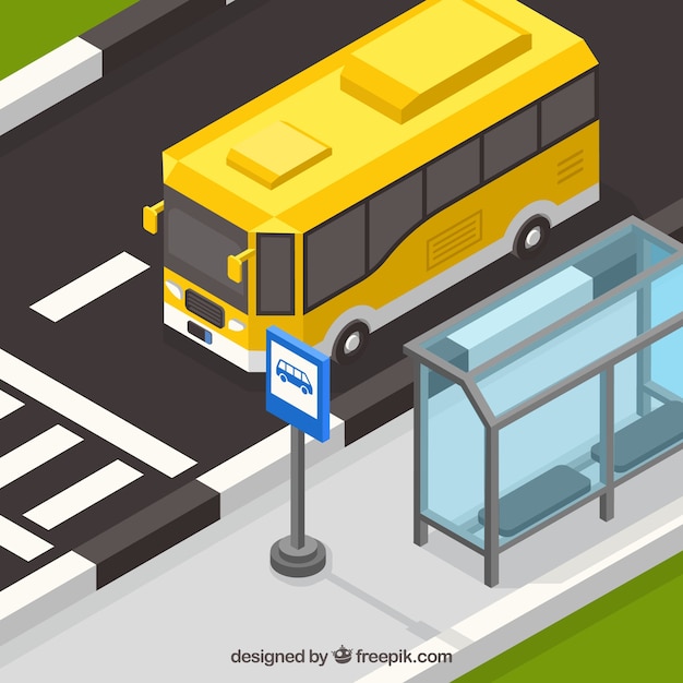 Free vector isometric view of bus and bus stop with flat design