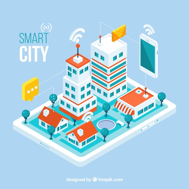 Isometric view of a mobile application with a city