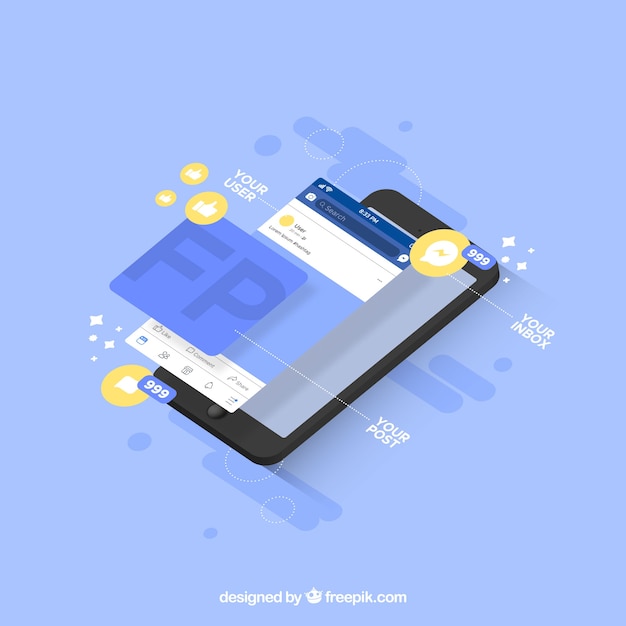 Free Vector isometric view of mobile phone with facebook notifications