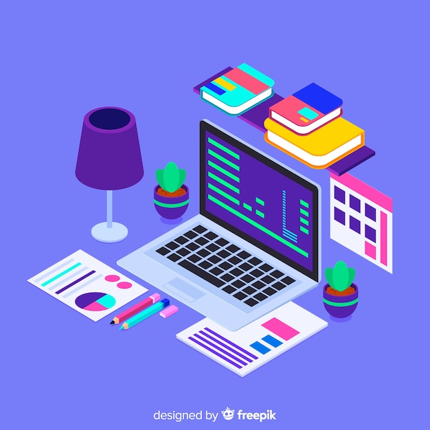 Free vector isometric view of modern office desk