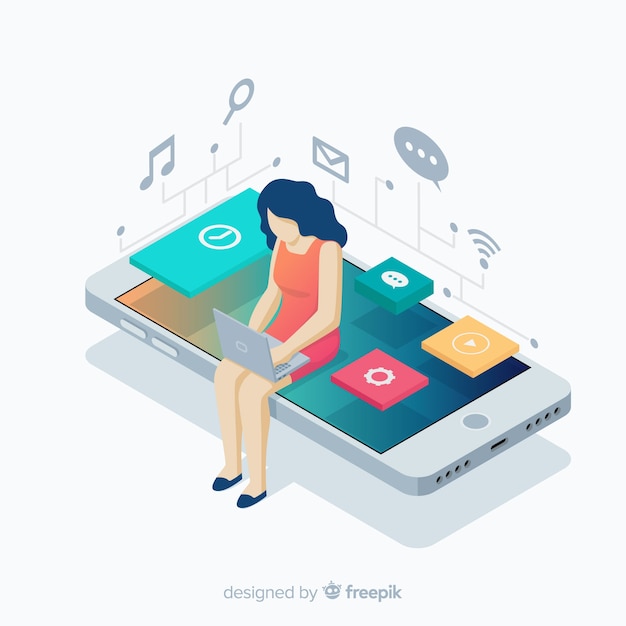 Free vector isometric young girl using technological devices background