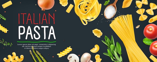 Free vector italian pasta horizontal poster with realistic ingredients on dark background vector illustration