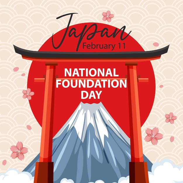 Free Vector japan's national foundation day banner with mount fuji and torii gate