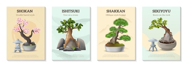 Free Vector japanese bonsai tree types realistic poster set isolated vector illustration