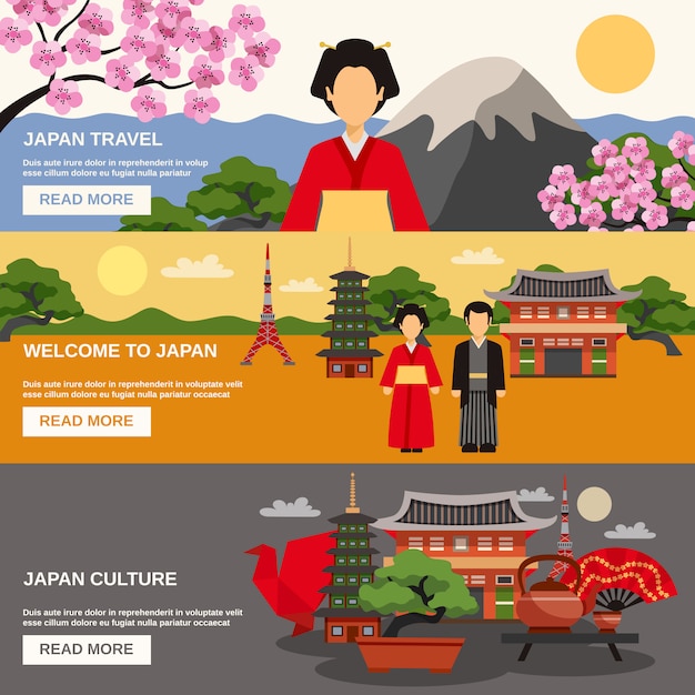 Free Vector japanese culture horizontal banners set 