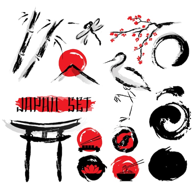 Free Vector japanese sumie ink painting icons set