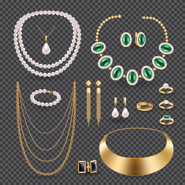 Free vector jewelry accessories realistic transparent set with rings necklace and earrings