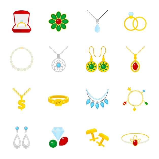 Jewelry flat icons set of diamond gold fashion expensive accessories isolated vector illustration