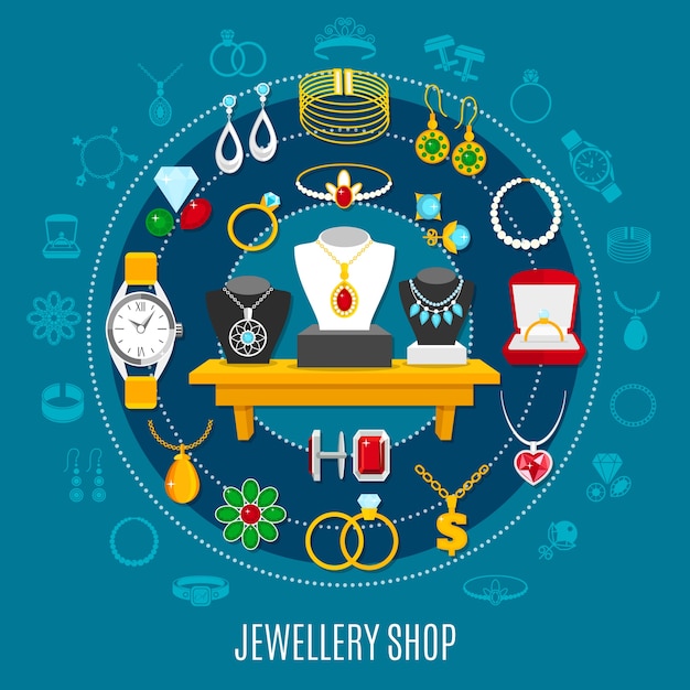 Free vector jewelry shop round composition with female and male decorations including hand watch on blue background