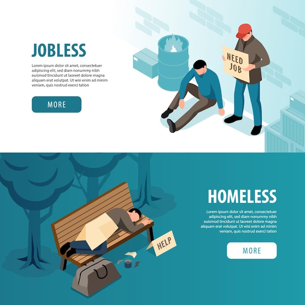 Free Vector jobless and homeless with poor and hungry people isometric illustration