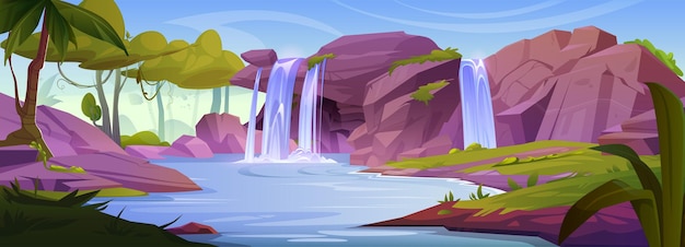 Free vector jungle landscape with mountains and waterfall