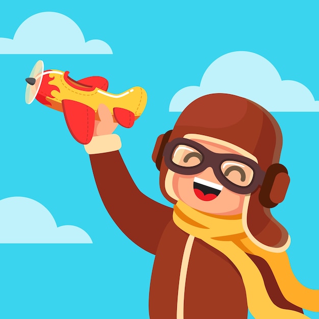 Free vector kid dressed like a pilot playing with toy plane