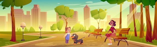 Free vector kid with dog and mother walk in summer city park